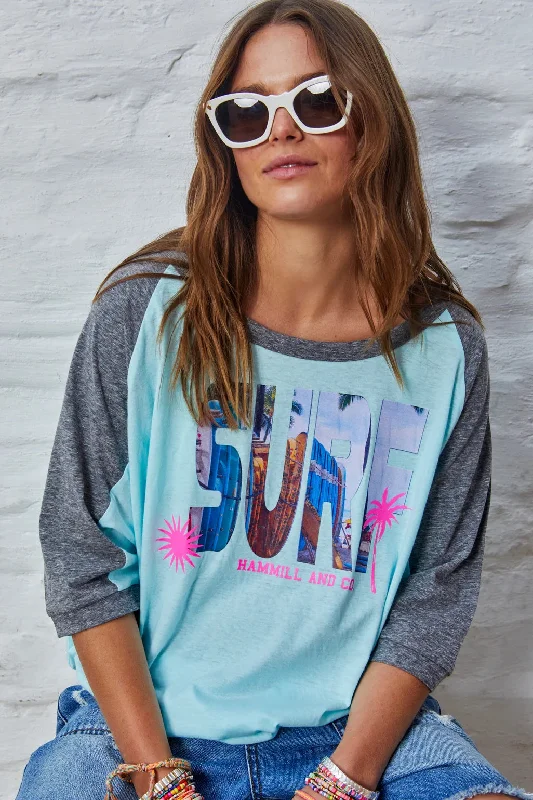 HAMMILL & Co Womens Surf Batwing Raglan Tee - Aqua & Charcoal