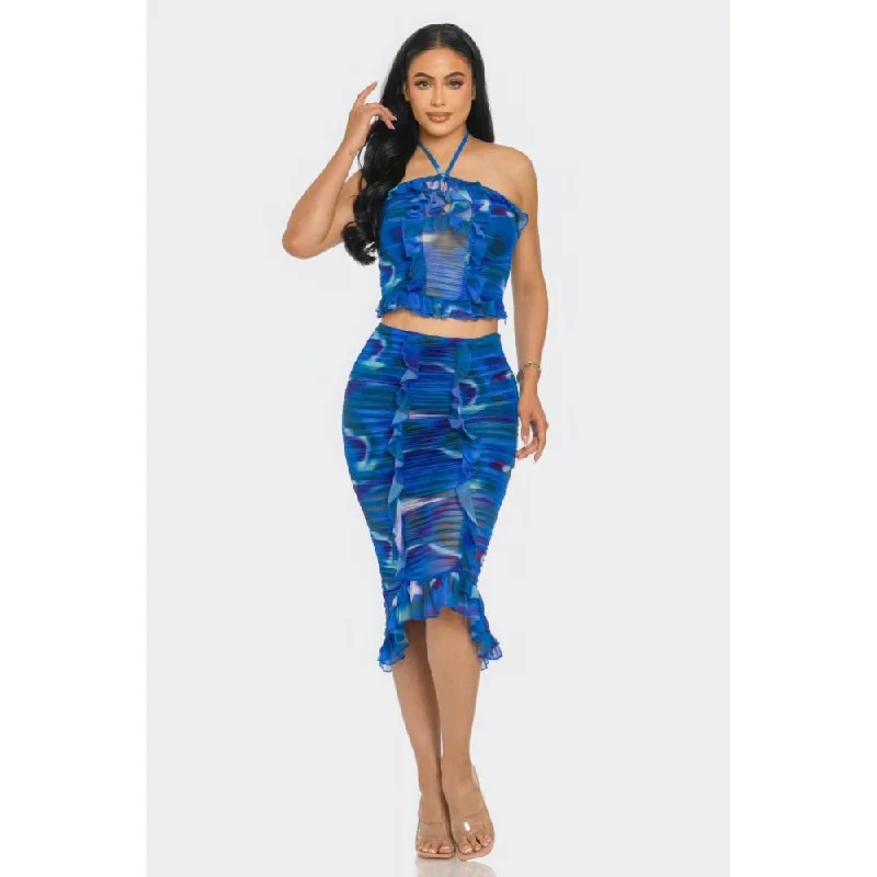 Tropical Waters Print Mesh Ruffle Halter Skirt Set