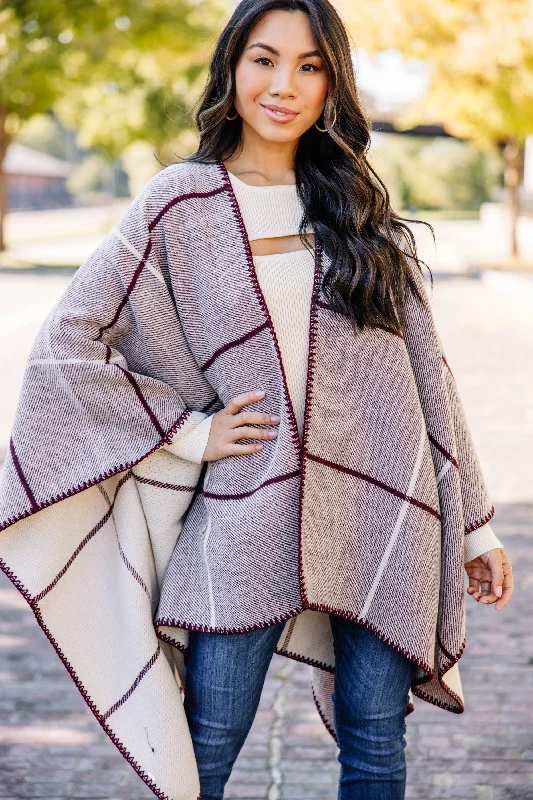 Get Going Burgundy Red Plaid Poncho