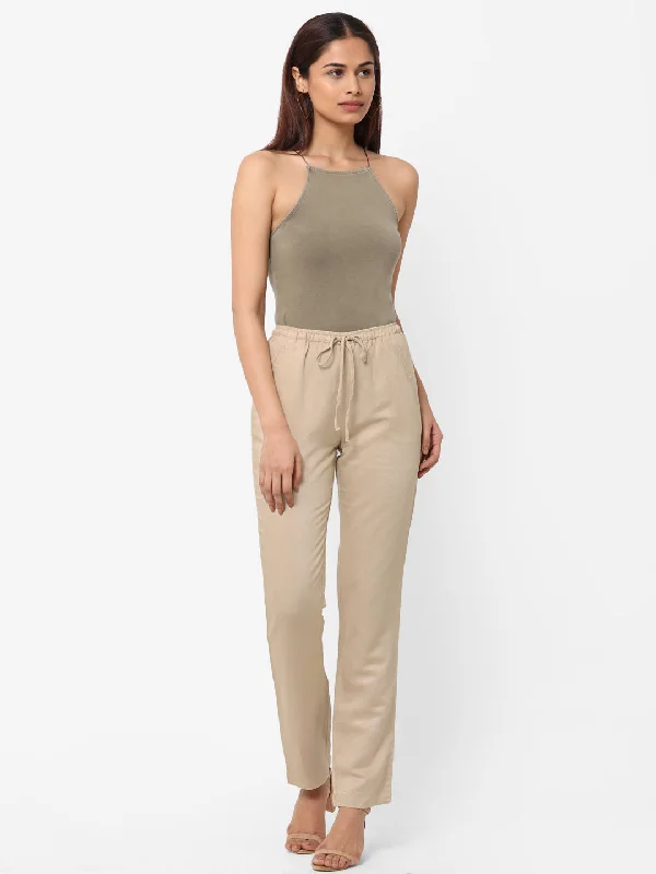 Women's Khaki Linen Regular Fit Pant