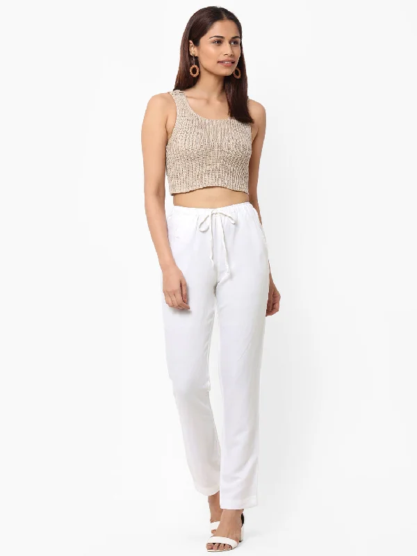 Women's White Linen Regular Fit Pant