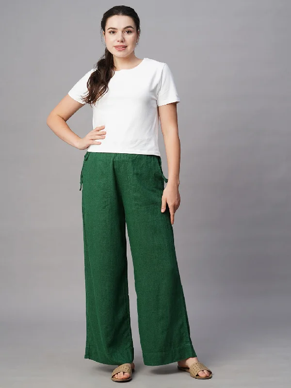 Women's Green Linen Cotton Wide Leg Pant