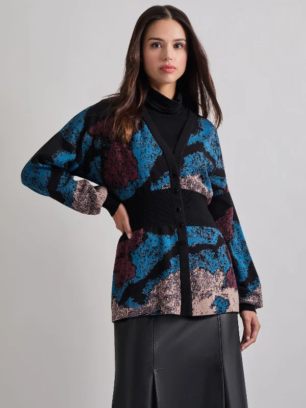 Relaxed Fit Abstract Inset Waist Jacquard Knit Cardigan