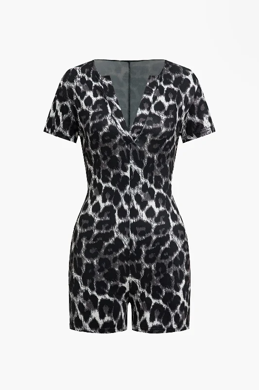 Leopard Print Short Sleeve V-Neck Romper